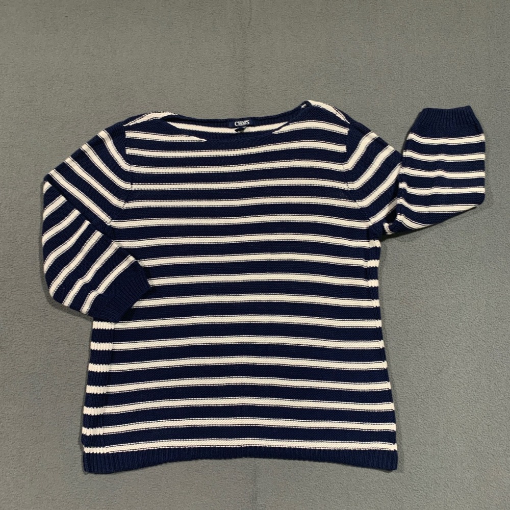 Chaps Denim Striped Boat Neck 3/4 Sleeve Linen Cotton Sweater Womens XL Nautical